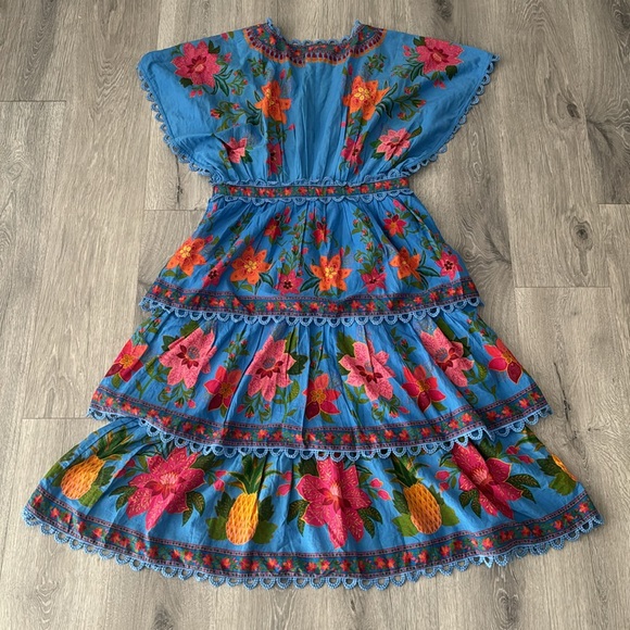 Farm Rio Women’s Blue Tropical Midi Layered Tiered Tapestry Dress Medium NWT - Picture 5 of 16
